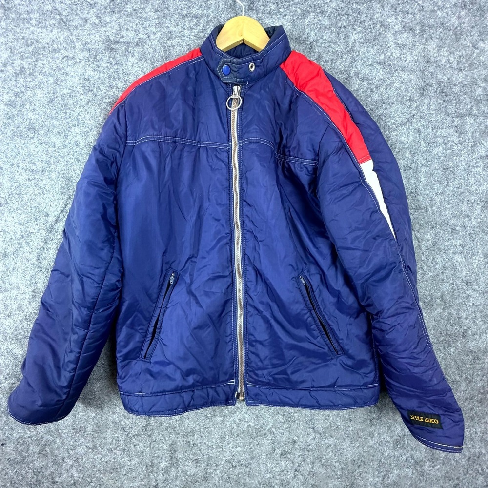 Vintage Style Auto Racing Jacket Mens Large Blue Full Zip Lined Moto Insulated